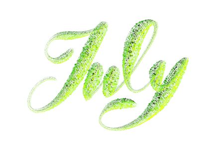 July lettering word written with green luminous particles isolated on white backgroundの写真素材