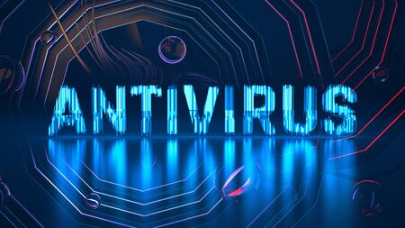 Antivirus text about Coronavirus COVID-19. Made by blue glowing glass over background full of moving shapes and structures. Medicine concept 3d illustrationの写真素材