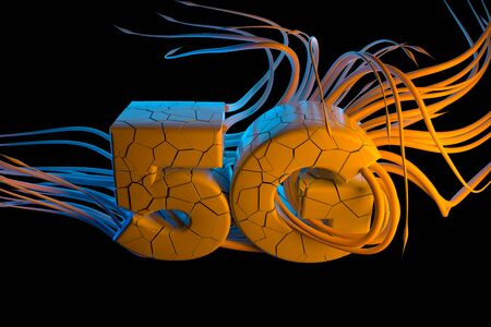 Conceptual image of 5g lettering made by cracked white stone with horrible tentacles. 3d illustration backgroundの写真素材