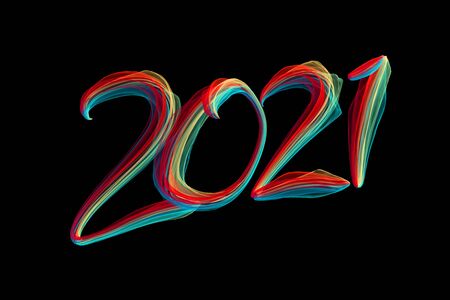 Happy new year 2021 numbers lettering written by colorful flame particles isolated on black backgroundの写真素材
