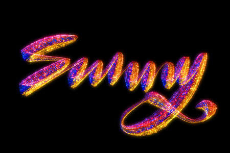The word Sunny written in bright rainbow particles. Hand drawing isolated on black background.の写真素材