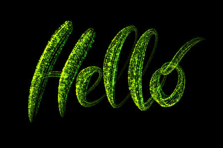 The word Hello is made up of glowing green particles isolated on a black background. Handwritten lettering overlay for your design.の写真素材