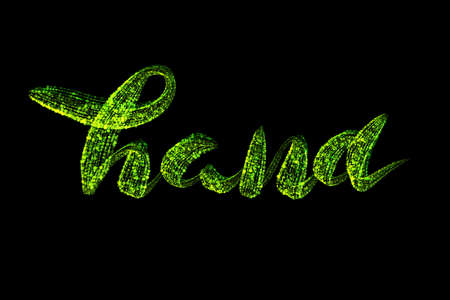 Word hand inscription text written with bright green glowing particles isolated on black background. Overlay lettering for your designの写真素材