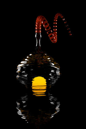 abstract illustration with a glass vase in water, with a glowing sun inside and an openwork cork. 3d illustration. allegory of sunrise or sunsetの写真素材