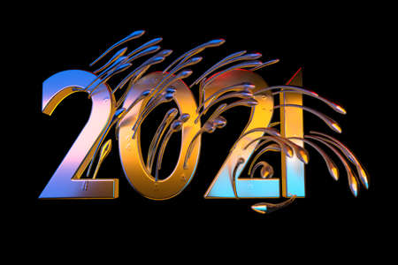 Happiness for the New Year 2021 lettering made by metal cast and lit by blue and orange light. The surface is covered with sharp spikes Isolated on black background 3d illustration Selective focus macro shot with shallow DOF.の写真素材