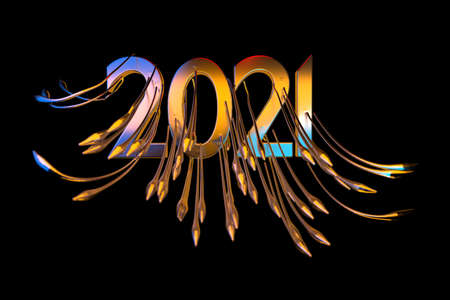 Happiness for the New Year 2021 lettering made by metal cast and lit by blue and orange light. The surface is covered with sharp spikes Isolated on black background 3d illustration Selective focus macro shot with shallow DOF.の写真素材
