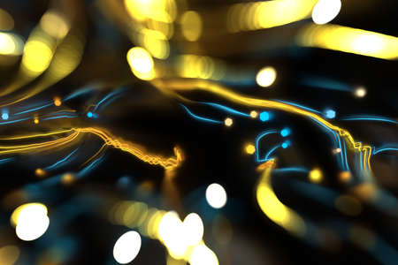 Neon blurred twisted cosmic lines on the glossy surface. Turbulence curls flow colorful motion. Fluid and smooth astronomy vortex swirl structure. 3d rendering Abstract creative modern backgroundの写真素材