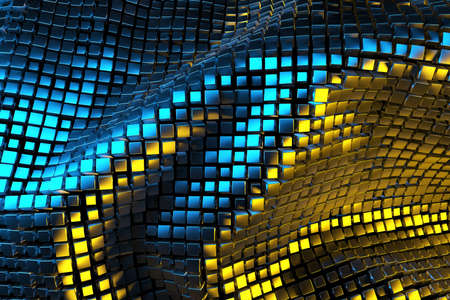 a field of Golden cubes in space illuminated by blue and yellow light. Picture for your background. 3d illustrationの写真素材