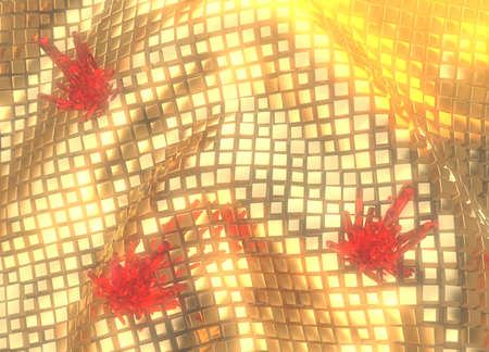 Field of Golden cubes in space with red precious crystals. Top aerial view. 3d illustrationの写真素材