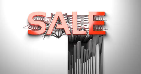 Sale lettering calligraphy made by red plastic over modern white cracked wall. concept of incredible heights in sales and business 3d illustration isolated on white background. Copyspace for your textの写真素材