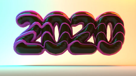 2020 lettering in the form of chocolate donuts poured on top of a pink caramel. New Year sign. 3d...