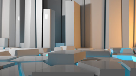Abstract concrete interior or exterior with chaotic polygonal relief pattern on the wall and floor looks like an ice. 3d illustrationdの写真素材