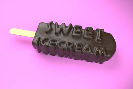 Sweet icecream text on classic chocolate ice cream isolated on pink background 3d illustrationの写真素材