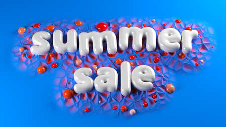 summer sale bright white glossy letters on a blue abstract background. 3d illustrationの写真素材