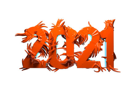 Happiness for the New Year 2021 lettering made by red glossy plastic or metal. The surface is covered with sharp spikes Isolated on white background 3d illustrationの写真素材