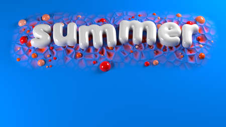 summer bright white glossy letters on a blue abstract background. 3d illustration mockup with copyspace for your textの写真素材