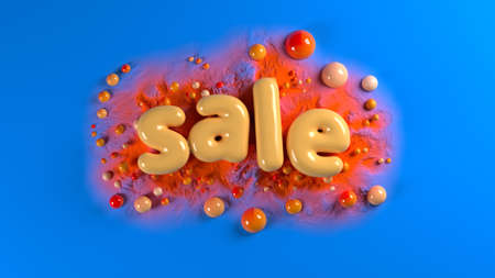 sale bright glossy letters on a blue abstract background with spheres and mountains. 3d illustrationの写真素材