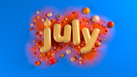 Soft orange plump word JULY surrounded by orange spheres over bright blue background and orange mountains structure. 3d illustrationの写真素材