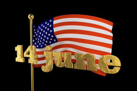 USA Flag Day . United States of America national . Stars and Stripes. 14 June American great Old Glory holiday. 3d illustration. Golden lettering on the background of a flying flagの写真素材