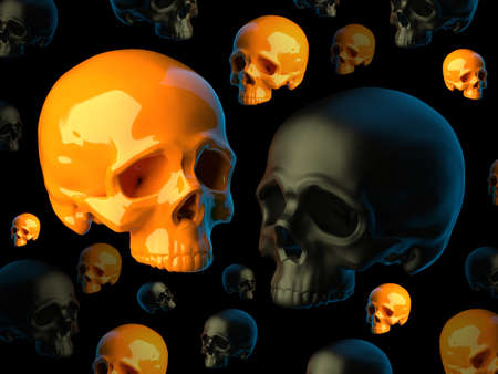 Abstract composition with flying sculpted red plastic and green wax skulls without lower jaws isolated on black background. 3d illustrationの写真素材