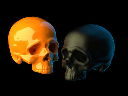 Abstract 2 sculpted orange and black plastic skulls without lower jaws isolated on black background. 3d illustrationの写真素材