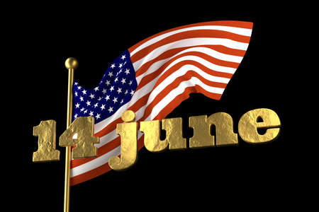 USA Flag Day . United States of America national . Stars and Stripes. 14 June American great Old Glory holiday. 3d illustration. Golden lettering on the background of a flying flagの写真素材