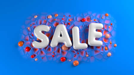 sale bright white glossy letters on a blue abstract background with spheres around. 3d illustrationの写真素材