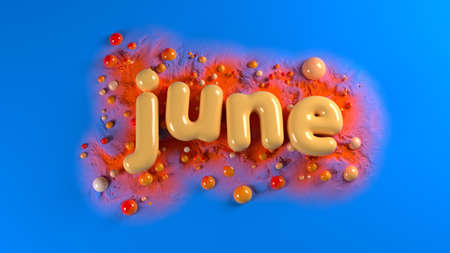 Soft orange plump word JUNE surrounded by orange spheres over bright blue background and orange mountains structure. 3d illustrationの写真素材