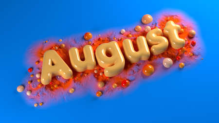 Soft orange plump word AUGUST surrounded by orange spheres over bright blue background and orange mountains structure. 3d illustrationの写真素材