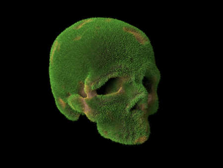 an old abandoned skull overgrown with grass with patches of brown earth. Abstract 3d illustration about time and abandonの写真素材