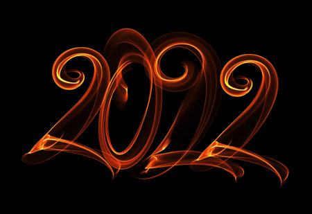 Happy new year 2022 isolated numbers lettering written with fire flame or smoke on black backgroundの写真素材
