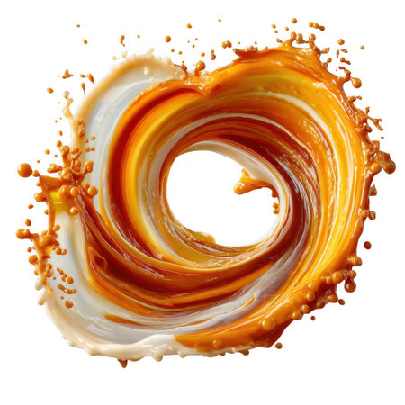 A dynamic splash of caramel and cream liquids intertwining in a swirling vortex pattern. The droplets and fluid motion are captured with high detail on a transparent background.の素材