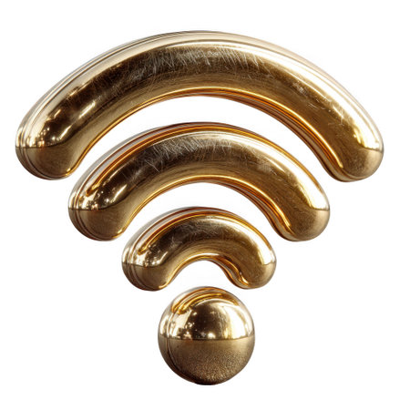 A highly reflective, metallic golden Wi-Fi symbol is presented in isolation on a transparent background. The symbol features subtle surface scratches, adding a touch of realism and texture.の素材