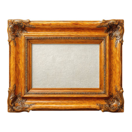 A detailed close-up of an antique, ornate wooden picture frame with intricate carvings and a beaded inner edge. The frame surrounds a textured canvas, presented isolated on a transparent background.の素材