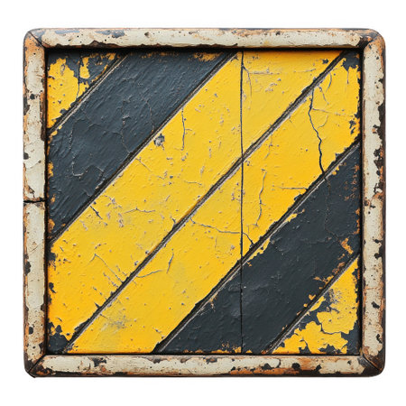 A close-up view of a weathered hazard sign featuring diagonal yellow and black stripes with peeling paint. This distressed object is isolated on a transparent background, showcasing its aged texture and warning pattern.の素材