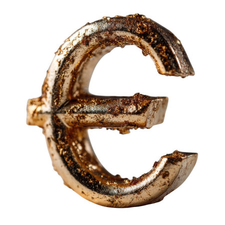 A close-up, detailed view of a golden euro symbol, textured with a metallic sheen and slight imperfections, presented isolated on a transparent background for versatile design use.の素材