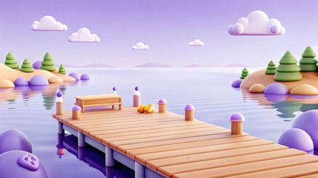 A high-quality 3D render depicting a peaceful lakeside scene with a wooden dock and stylized, colorful landscape elements. This realistic and clean design is perfect for commercial use and stock imagery.の素材