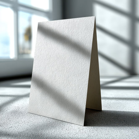 A pristine white tent card stands on a light gray surface, bathed in soft light and subtle shadows cast from a nearby window. The card's texture is subtly visible.の素材