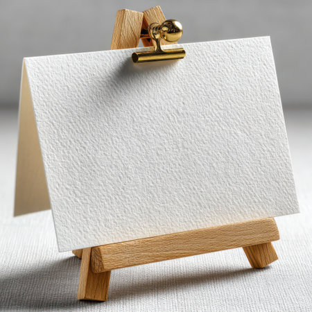 A close-up shot of a blank, textured white card displayed on a small, light wooden easel. A gold-colored clip secures the card.の素材