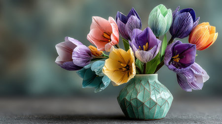 A teal geometric vase holds a bouquet of colorful origami tulips in various shades of purple, pink, yellow, and teal. The flowers are beautifully crafted and arranged.の素材