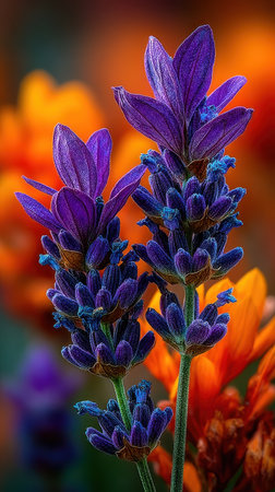 Close-up of three deep purple lavender flower clusters in sharp focus, set against a blurred backdrop of bright orange flowers.の素材