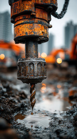 A close-up shot of a drill bit dripping mud at a construction site. The drill bit is attached to heavy machinery, and the background is blurred.の素材