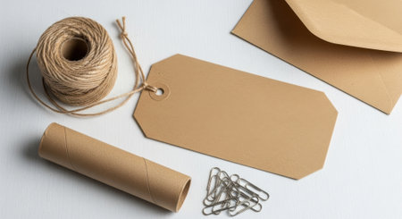 Natural kraft paper tag with twine, a small rolled paper scroll, and metal paper clips on a light surface, ideal for crafts and packaging.の素材