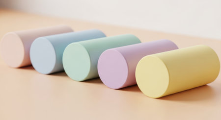 A row of assorted pastel-colored chalk sticks are presented, ready for use in schools, art projects, or creative endeavors.の素材