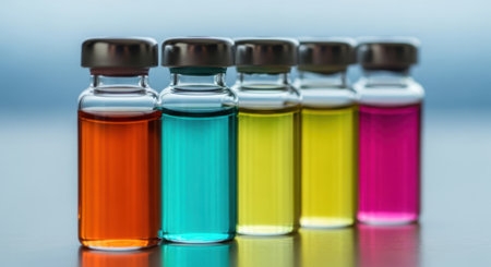 Five small glass vials filled with vibrant liquids in a spectrum of colors, neatly arranged in a scientific setting.の素材