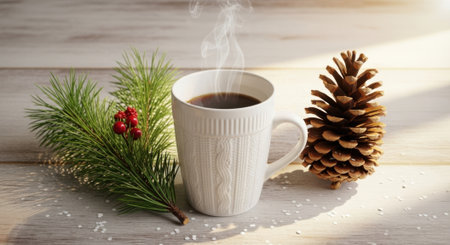 Enjoy a warm cup of coffee amidst a festive winter scene featuring pine cones and fresh fir branches, perfect for seasonal cheer.の素材
