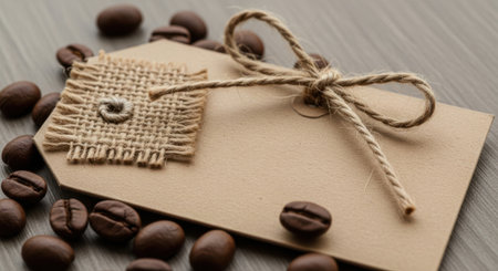 A close-up of roasted coffee beans surrounding a blank, rustic gift tag adorned with twine, evoking warmth and a delightful aroma.の素材