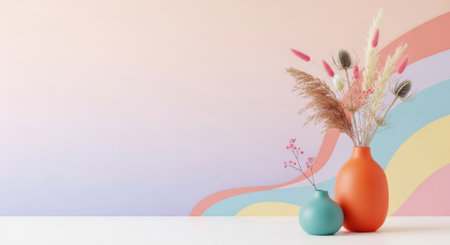 A beautiful arrangement of dried floral stems in two distinct ceramic vases, adding a touch of natural elegance to a minimalist interior setting.の素材