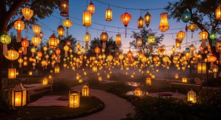 Experience the magic of twilight with a winding path adorned by a multitude of glowing lanterns, casting a warm and inviting glow on the surroundings.の素材