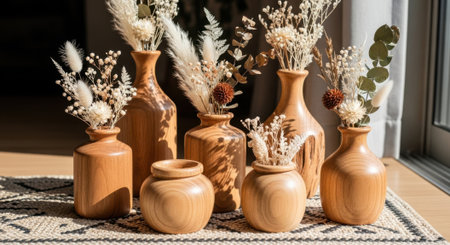 A collection of charming ceramic vases filled with dried flowers and grasses creates a warm, natural, and bohemian aesthetic. Sunlight streams through.の素材